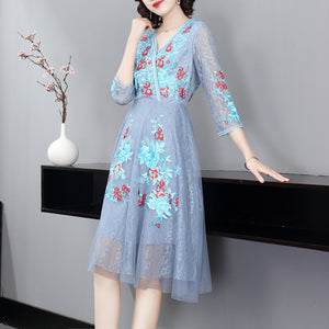 21 Summer New Chinese Style Chinese Embroidery Hollow Lace Stitching Ladies And Ladies Temperament Dress