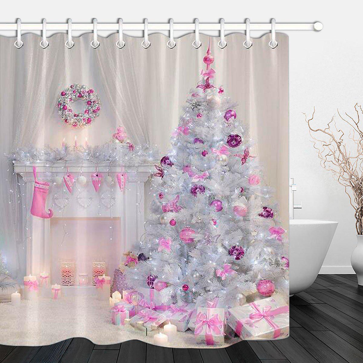 Christmas Tree Interior Xmas Fireplace in Pink Decorated Indoors Shower Curtain Bathroom Sets With Mat Bathroom Fabric For Bathtub Decor