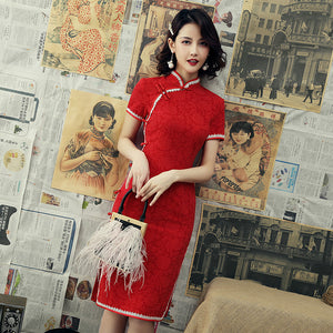 Chinese Style Improved Mid-length Lace Trim Dress