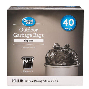 Great Value, Outdoor Garbage Bags, Flap Ties, For 75L Capacity, A pack of 40 bags