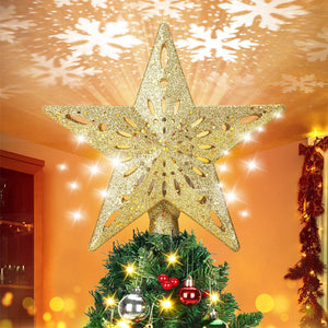 Christmas Tree Topper Star Lighted 3D Glitter Silver Snow Tree Toppers Snowflake Projector New Year Home Decoration