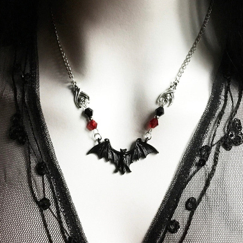 Black Bat Necklace Gothic Jewelry Halloween Theme