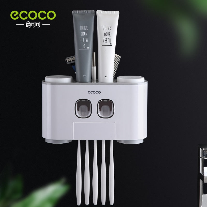 ECOCO Wall Mount Automatic Toothpaste Squeezer Dispenser Toothbrush Holder Bathroom Accessories Storage Rack with 4 Cups