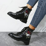 Halloween Shoes Rose Flower Print Lace-up Ankle Boots Women