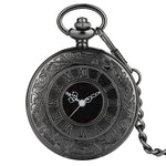 Black Roman Numerals Quartz Pocket Watch, Men Women Black Hollow Case Steampunk, Vintage Pendant Necklace