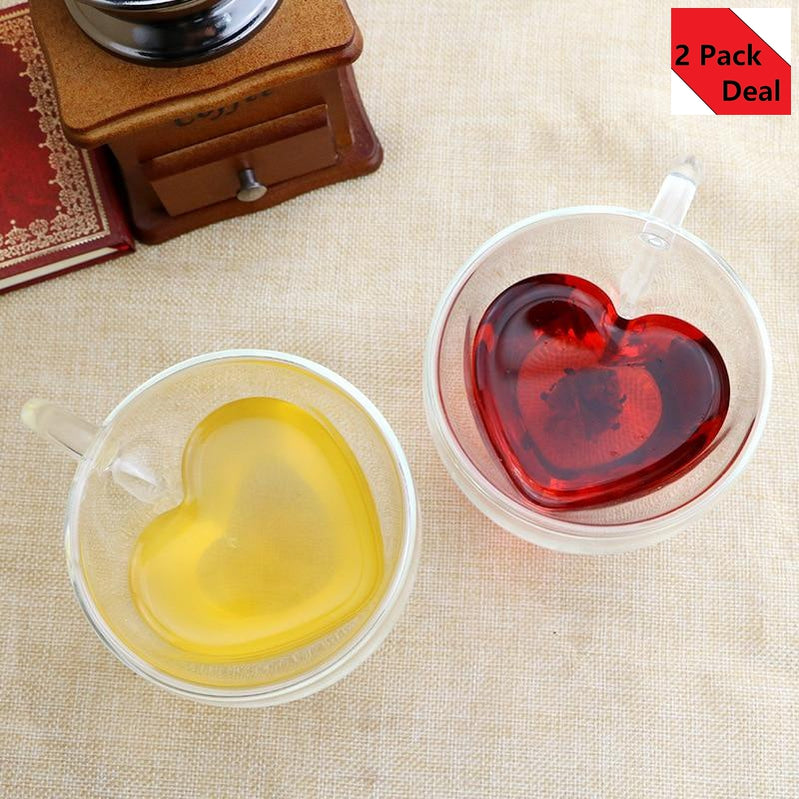 Set of 2 Heart Love Shaped Double Wall Glass Mug Resistant Kungfu Tea Mug Milk Lemon Juice Cup Drinkware Lover Coffee Cups Mug Gift