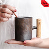 Set of 2 Japanese-style Vintage Ceramic Coffee Mug Tumbler Rust Glaze Tea Milk Beer Mug with Wood Handle Water Cup Home Office Drinkware