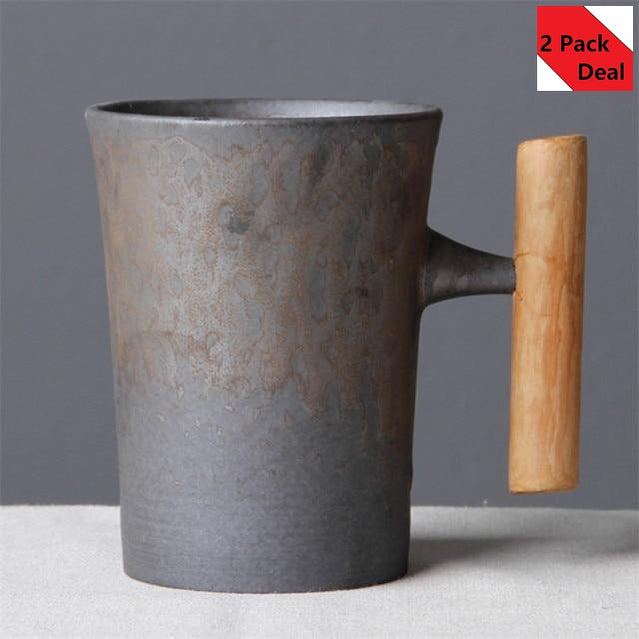 Set of 2 Japanese-style Vintage Ceramic Coffee Mug Tumbler Rust Glaze Tea Milk Beer Mug with Wood Handle Water Cup Home Office Drinkware