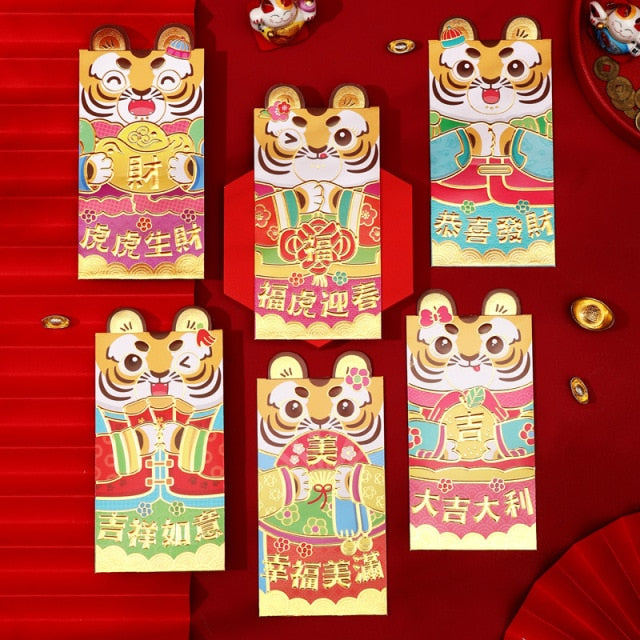 6Pcs 2022 Chinese New Year Red Envelopes - Cartoon Tiger Patterns